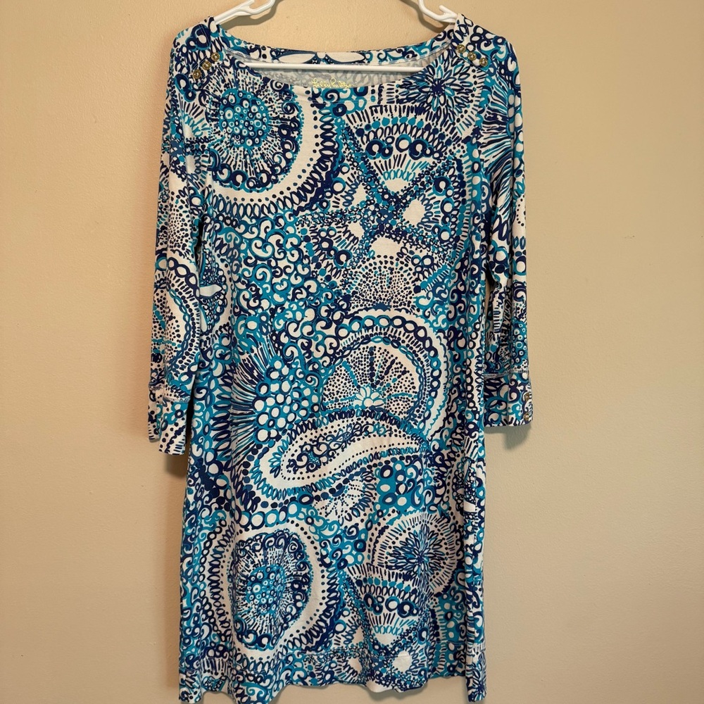 Lilly Pulitzer Blue and White Patterned Dress with 3/4 Sleeves
